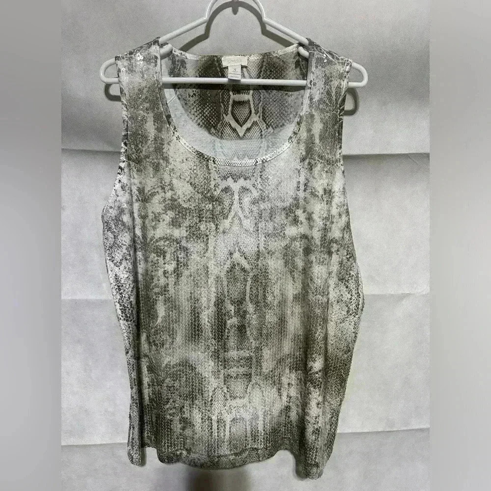 Chicos Womens XL 3 Snake Reptile Print Sequined Sleeveless Tank Top Blouse Shirt